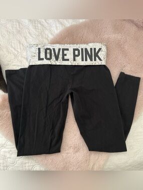 Vintage Victoria's Secret PINK Black Foldover Leggings Leopard Love Pink